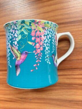 Harvest Green Studio England Teal Hummingbird Floral Mug 12oz New Bone China